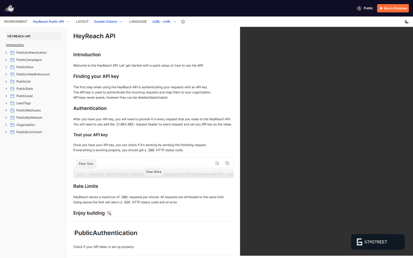 HeyReach Postman API reference showing PublicCampaigns, PublicLinkedInAccount, PublicList, and PublicWebhooks folders